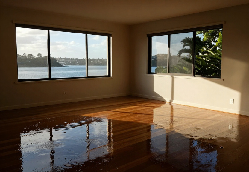 Water-damaged living room in Wattle Grove with soaked carpet and furniture
